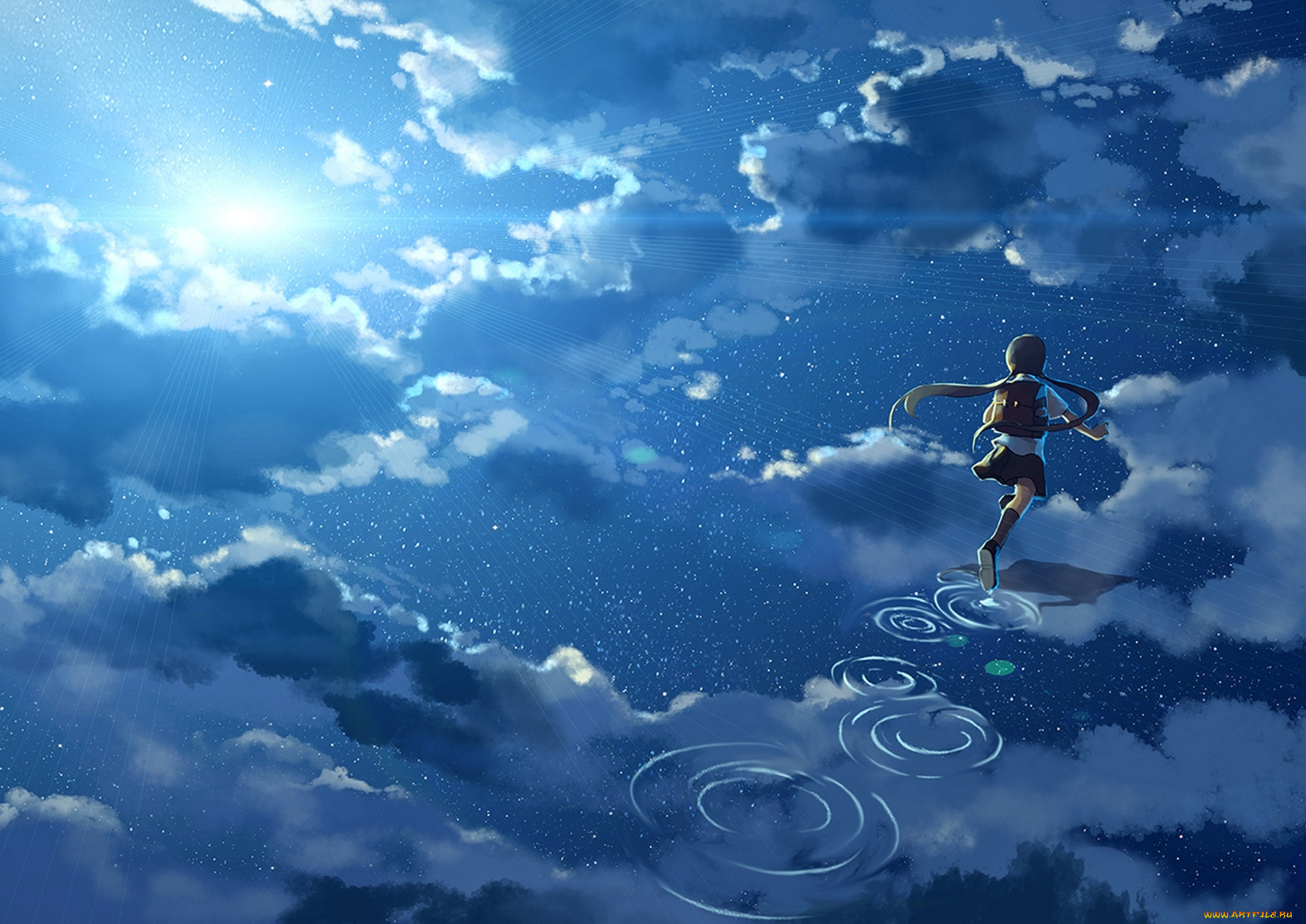 Бежит по краю света великий. Летать в облаках. Бегущий по небу. Девушка бежит по облакам.